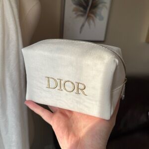 Dior gold embroidery white fabric make up bag